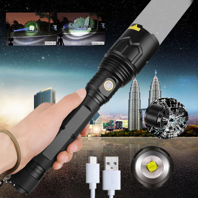 Тактический фонарик 5 режимов USB светодиодный фонарик перезаряжаемый P70 светодиодный фонарь с фокусировкой и зумом охотничья лампа