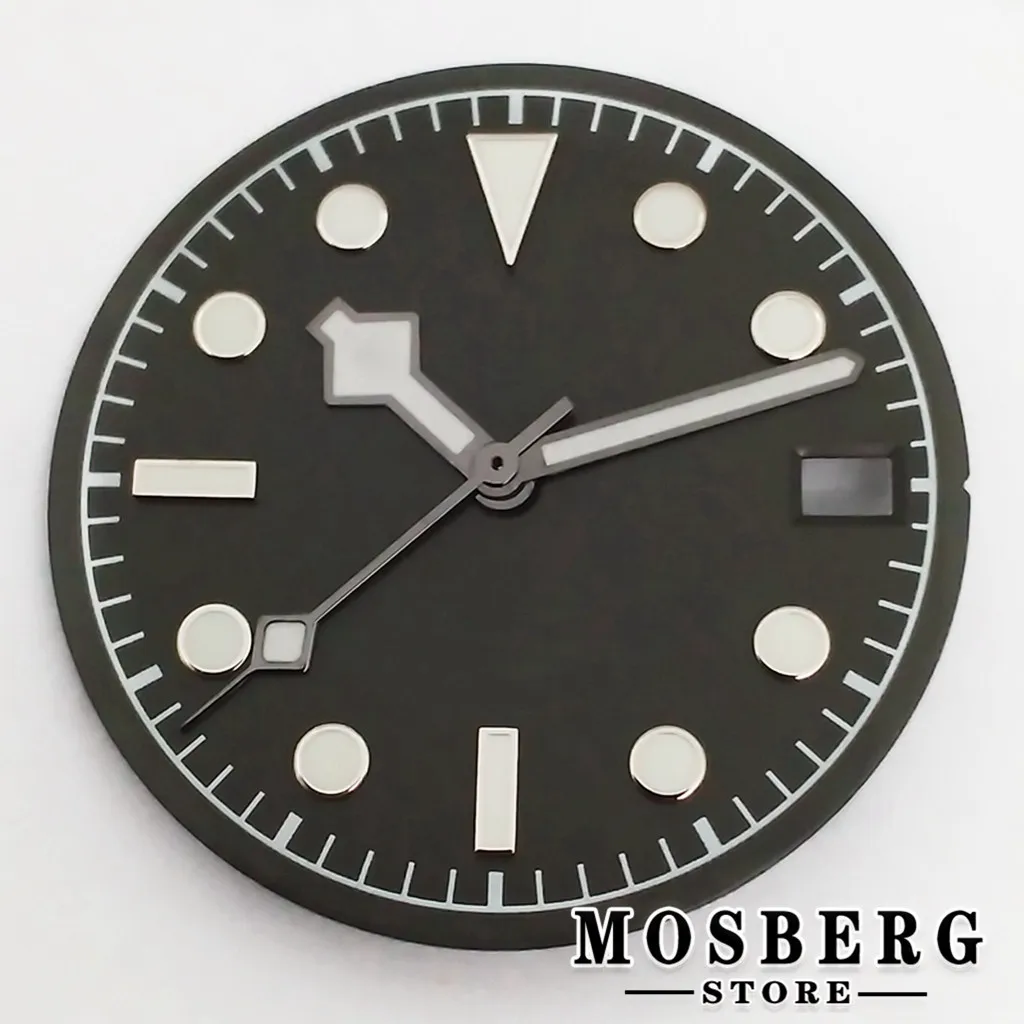 Sterile Luminous Black and Green Watch Dial with Date Window and Hands - 28.5mm