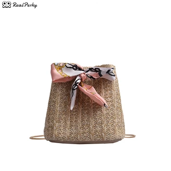

Women Fashion New Bucket Beach Bags Female Summer Scarves Shoulder Messenger Bags Ladies Bohemian Handmade Woven Small Straw Bag