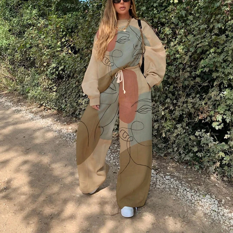 

Spring/Autumn Personal High Street Sportswear Abstract Printing Trend Temperament Hoodie Pullover Wide-leg Pants Ladies Clothes