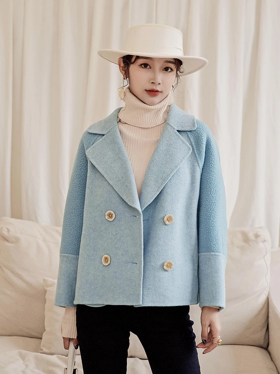 

Double Breasted Women Short Alpaca Oversized Coat Korean Wool Jacket Spring Autumn Handmade Overcoat ZHJ5055 KJ4062