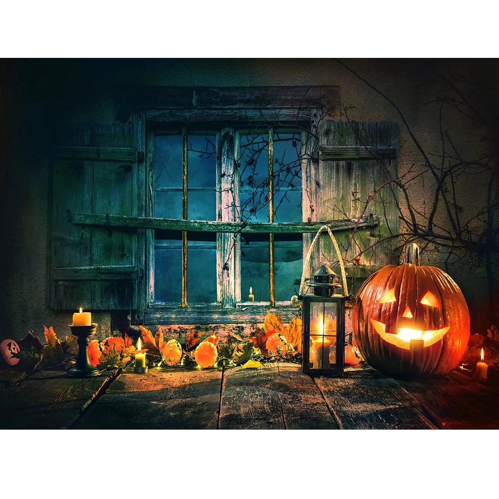

Photography studio window photocall halloween backdrop decor indoor pumpkins banner child photo wood floor background