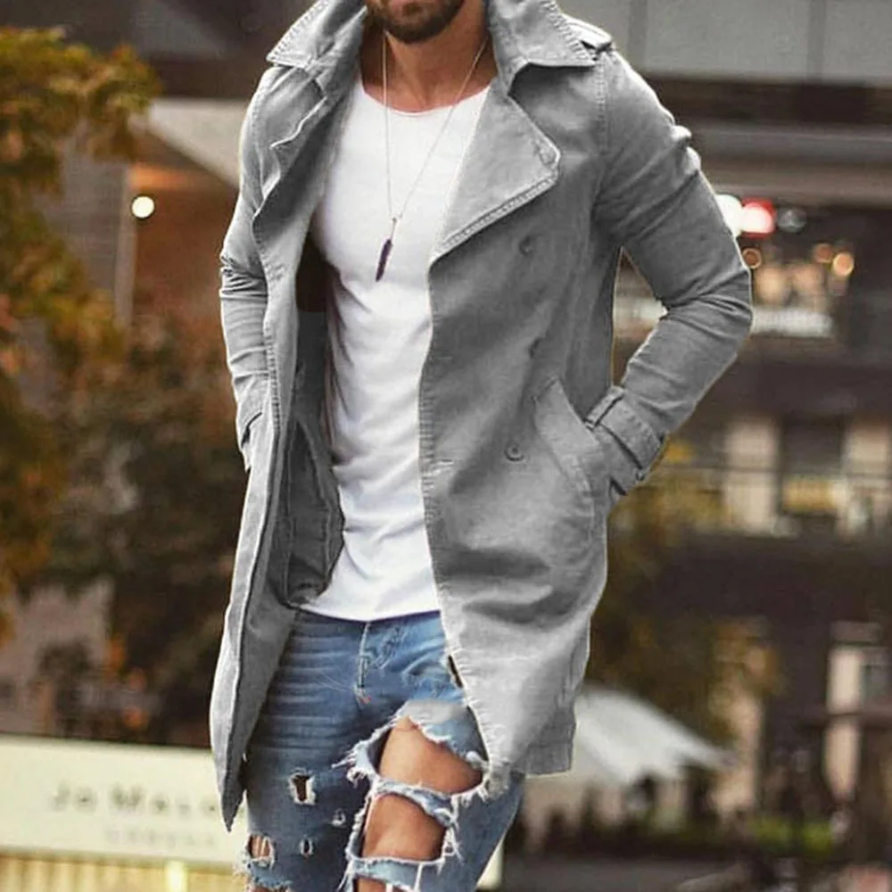 90% OFF Men Trench Coat Spring Autumn Long Sleeve Plus Size 2XL Black Causal Slim Outwear Windbreaker Long Overcoat Men's Coat 5 Colors