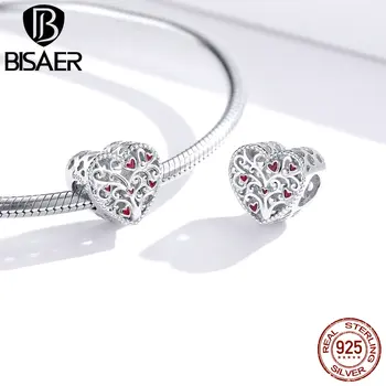 

BISAER Beads 925 Sterling Silver Charms Tree of Life Heart Red CZ Openwork Charms Pendant Fit Bracelet Necklace Jewelry HVC279