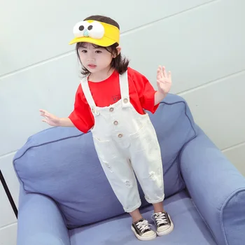 

Small Children's Ripped Baby Overalls Solid Girls Jumpsuit Toddler Cotton Casual Trousers Kids Nine Point Wings Suspenders Pants