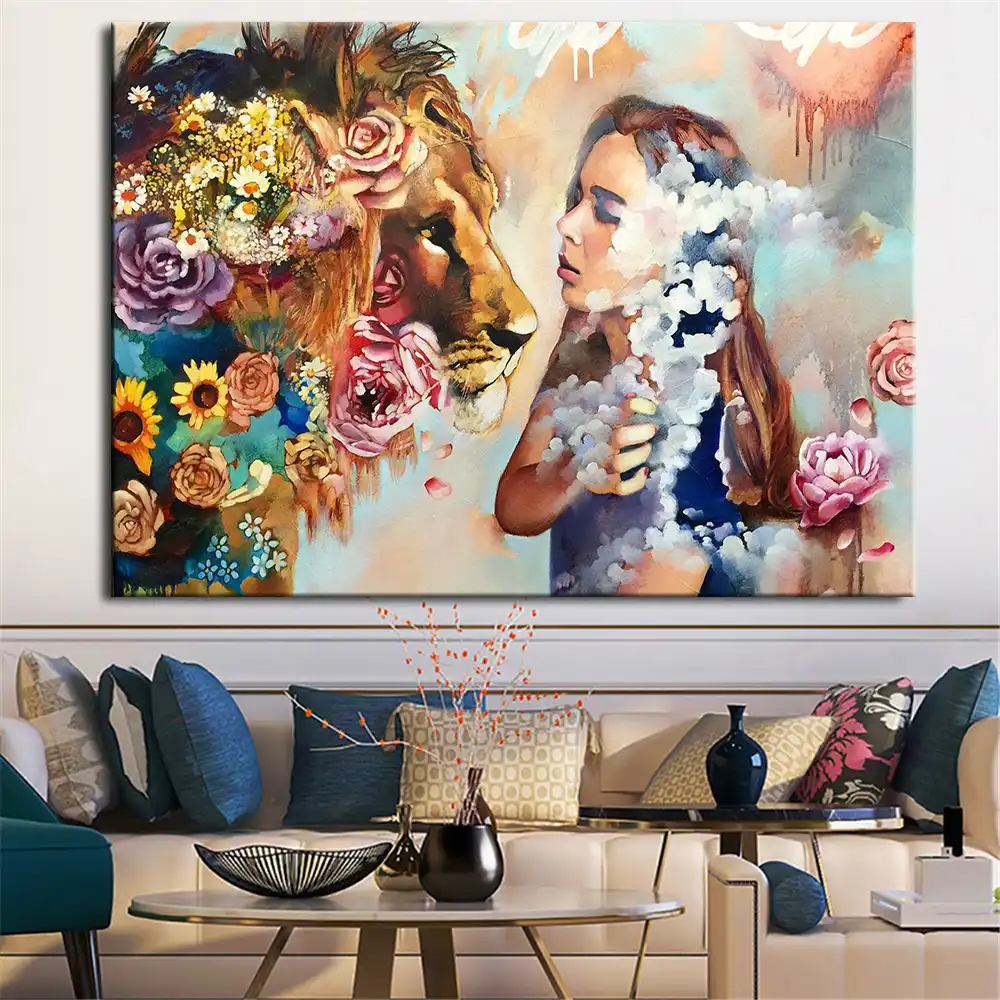抽象的なカラフルな女性動物キャンバス絵画壁の芸術の絵リビングルーム抽象女性ライオンキツネ家の装飾 絵画 書道 Aliexpress