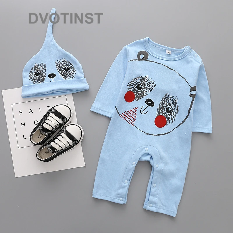 Dvotinst/Одежда для маленьких мальчиков и девочек боди с длинными рукавами и милым принтом льва+ шапочка, комплект из 2 предметов, комбинезон для малышей