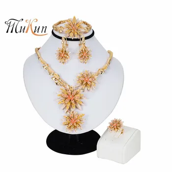 

MUKUN Dubai Jewelry Sets Big Necklace Classic Flower Shape Bracelet Earrings Ring for Women Wedding Jewelry Sets for Bride