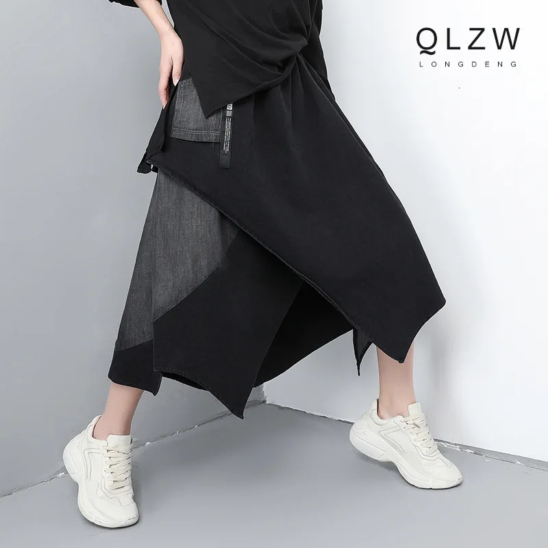 

LANMREM 2019 Spring Summer New Elastic Waist Patchwork Denim Half-body Skirt For Women Personality Irregular Bottoms YG67101