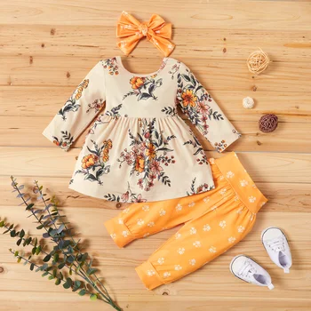 

pretty princess casual flower print tops long sleeve floral pants bow headband toddler kids baby girls clothing set 3pcs 12M-5Y