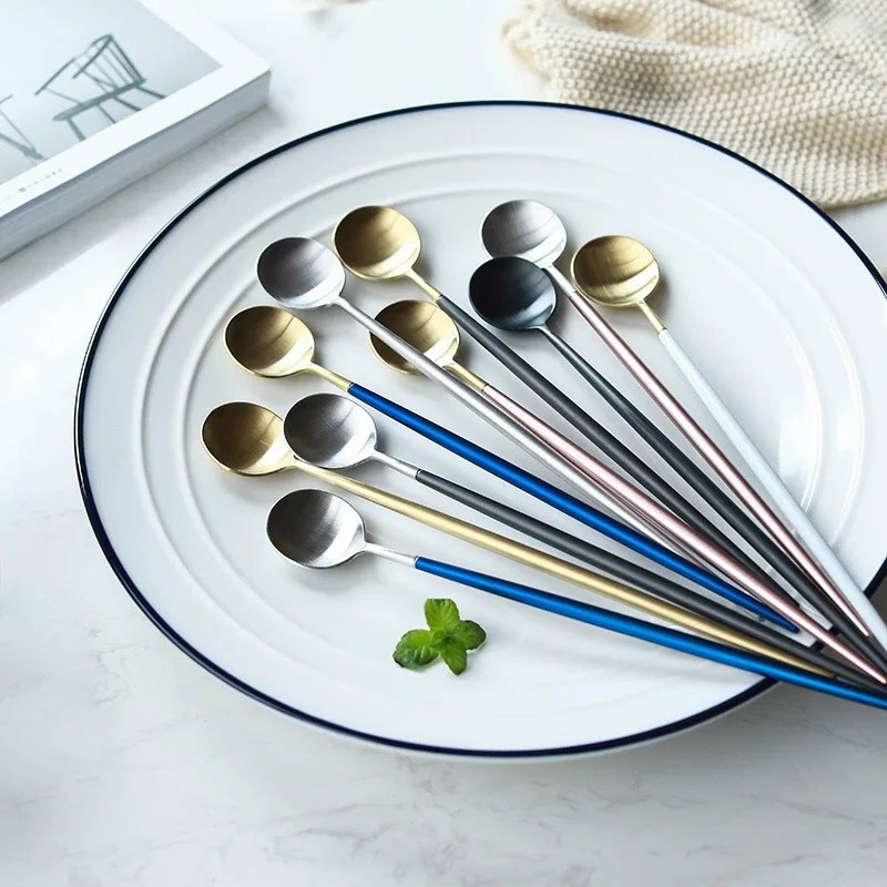 

Round Head Long Handle Spoon Colorful 304 Stainless Steel Portugal Spoon Dessert Spoon Gold Tea Spoons Small Coffee Spoon Scoop