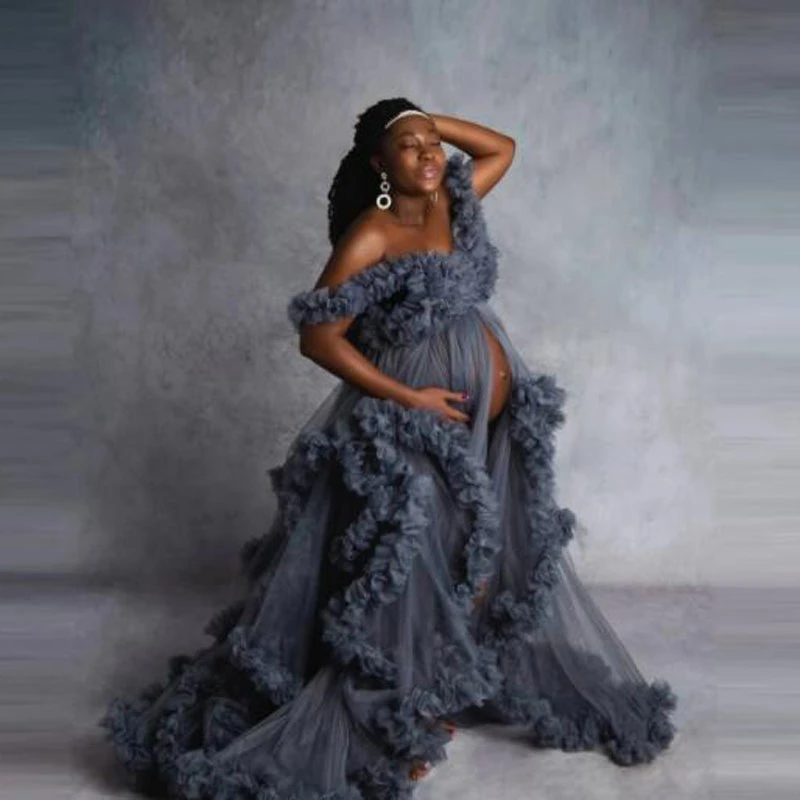 Dark Grey Maternity Dresses A Line Tulle Ruffled Prom Pregnant Gown for Photoshoot Boudoir Lingerie Puffy Bathrobe Nightwear blue prom dresses