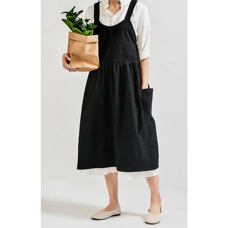 Women Cotton Linen Bib Apron Japanese Style Sleeveless Pinafore Home Kitchen Coffee Cooking Florist Aprons Dress