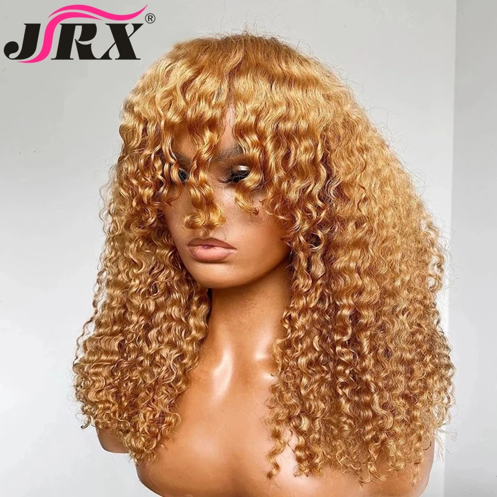 Short Bob Full Machine Made Human Hair Wigs with Bangs Honey Blonde Peruvian Remy Hair for Women Fringe Afro Kinky Curly Wigs