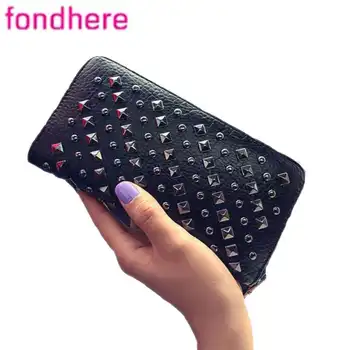 

FONDHERE Fashional casual lady punk style black rivet moto&biker gothic zipper card package zero wallet hand long wallet