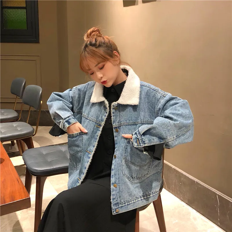 

Online Celebrity Jeans Coat Women's Spring And Autumn 2018 New Style Students Korean-style BF Loose-Fit Versatile Lambs Wool Hon