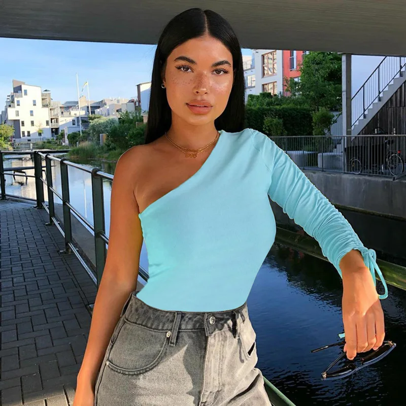 

Fashion Women Pleated Long Sleeve T-Shirts One Shoulder T-Shirt Solid Color Casual Crop Tops Slim Bandage Top For Lady Clothes