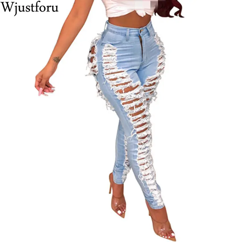 Achat Wjustforu Sexy déchiré Jeans pour femmes décontracté Club trou Denim pantalon Femme moulante évider crayon Long Jeans Vestidos