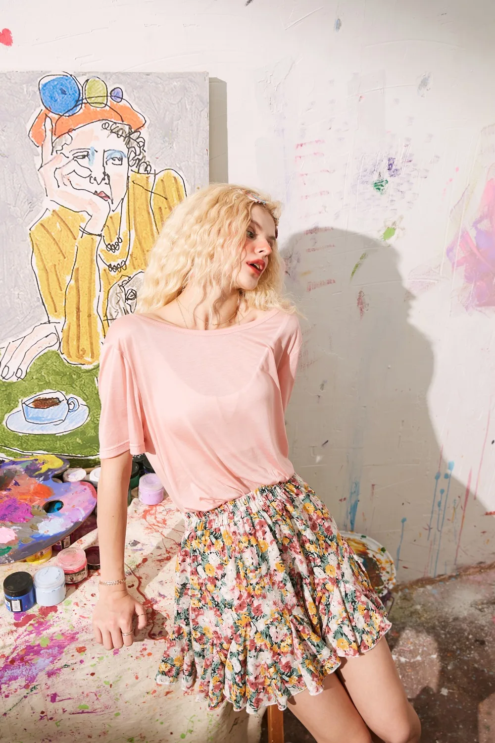 ELFSACK Pink Floral Print A Line Women Chiffon Skirts 2020 Summer ELF Blue High Waist Korean Girly Casual Holiday Ruffle Skirt