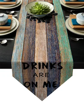 

Drinkes Are On Me Vintage Wood Board Texture Table Runner Table Flag Home Party Decorative Tablecloth Table Runners