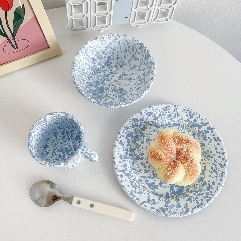 Ins Vintage Splash Baby Blue Ink Marble Salad Flat Picnic Plate Dish Bowl Spoon Ink Mug Dot Cup Korea Popular America Enamel Cup