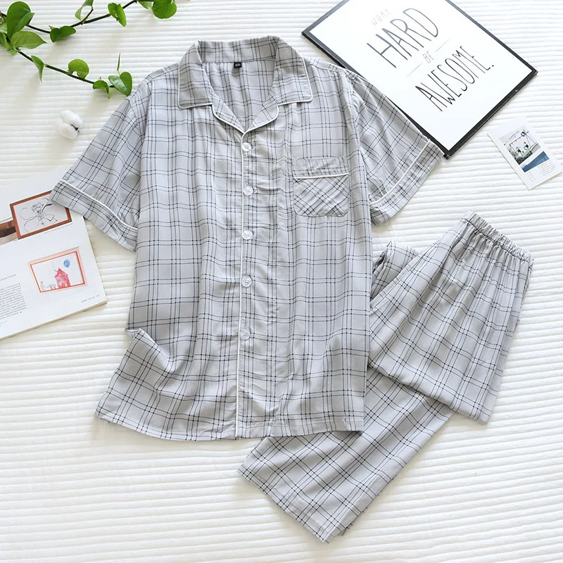 soft cotton pyjamas 2Pcs/set Summer Men's Pajamas Thin Short Sleeved Long Pants & Tops Pajamas Set Homewear Plaid Print Woven Mens Sleepwear Suit mens pjs sale