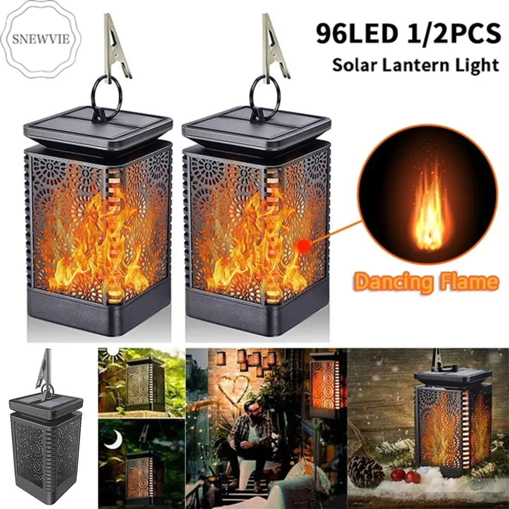 

SNEWVIE 96 LED Solar Flame Lamp Chandelier Stainless Steel Spring Clip Outdoor Garden Light IP65 Waterproof Portable Lantern