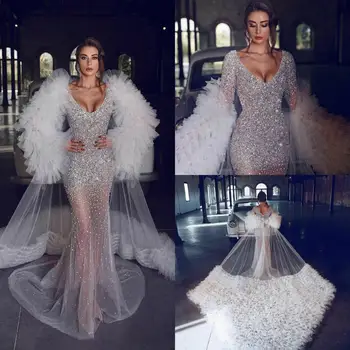 

2020 Crystal Mermaid Wedding Dresses With Long Ruffle Wrap V Neck Sexy Transparent Bridal Gowns Sequined vestido de novia
