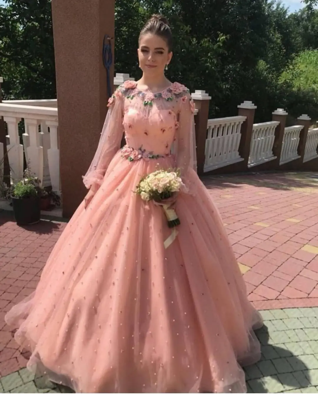 Принцесса розовая с длинными рукавами роскошное свадебное платье вышитое бисером 3D Цветы Vestido De Novia плюс размер женские подвенечные платья - Цвет: same as picture