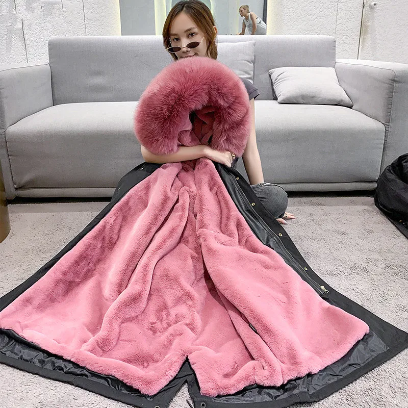 Black Ice cream pink Новинка, Женское пальто из искусственного меха, длинный рукав, с капюшоном, имитация лисьего меха, x-длинные парки, женское повседневное модное тонкое плотное теплое зимнее пальто - Цвет: Black Ice cream pink