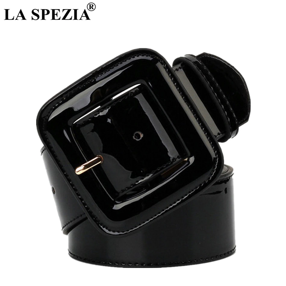 LA SPEZIA Wide Ladies Belts Black Patent Leather Belt Women Genuine Leather Cowhide Fashion Big Buckle Square Belt For Dresses