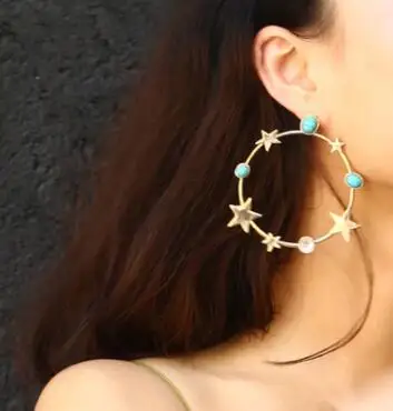 Bohemia Stars Big Round Hanging Drop Earrings For Women Elegant Gold Silver Color Blue Stone Simple Jewelry | Украшения и