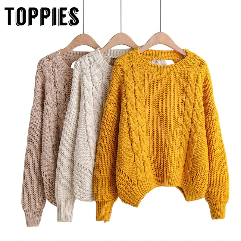 

Casual Coarse Needle Knitting Sweater Back Hollow Out Yellow Sweater 2019 Autumn Winter Knitted Tops Loose Pullovers