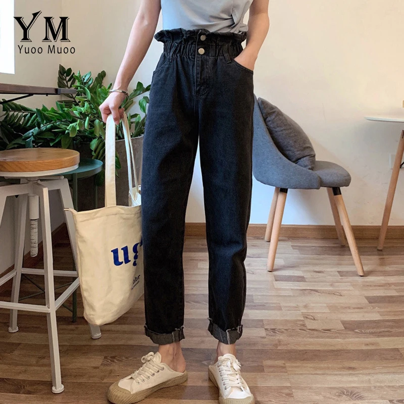 YuooMuoo High Quality Soft Vintage Boyfriend Jeans for Women Elastic High Waist Mom Black Jeans Harajuku Long Denim Pants