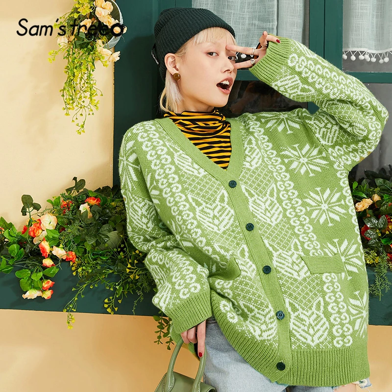 

Samstree Green Carton Print Button Front Loose Korean Style Cardigan Sweater Women Clothes 2019 Autumn Casual Oversized Sweaters