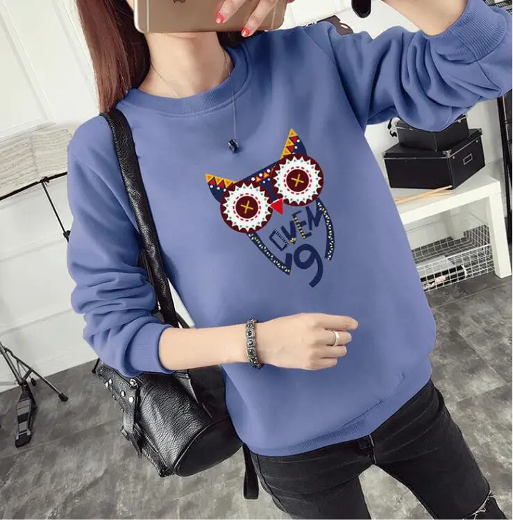 Denim Blue Новое поступление осень зима Женская Толстовка Мода 23 Цвета Плюс Размер Свободный милый сова Толстовка-пуловер с принтом пальто - Цвет: Denim Blue