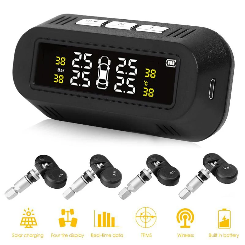 Солнечная автомобильная система контроля давления в шинах TPMS, встроенный датчик температуры в шинах с 4 внутренними датчиками