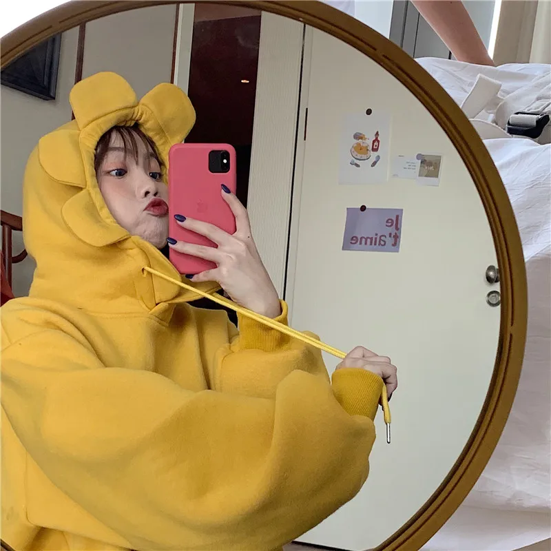 Желтая толстовка с капюшоном женская зимняя новая Корейская ins Harajuku Kawaii BF свободная плюс бархатная модная повседневная шикарная Женская толстовка