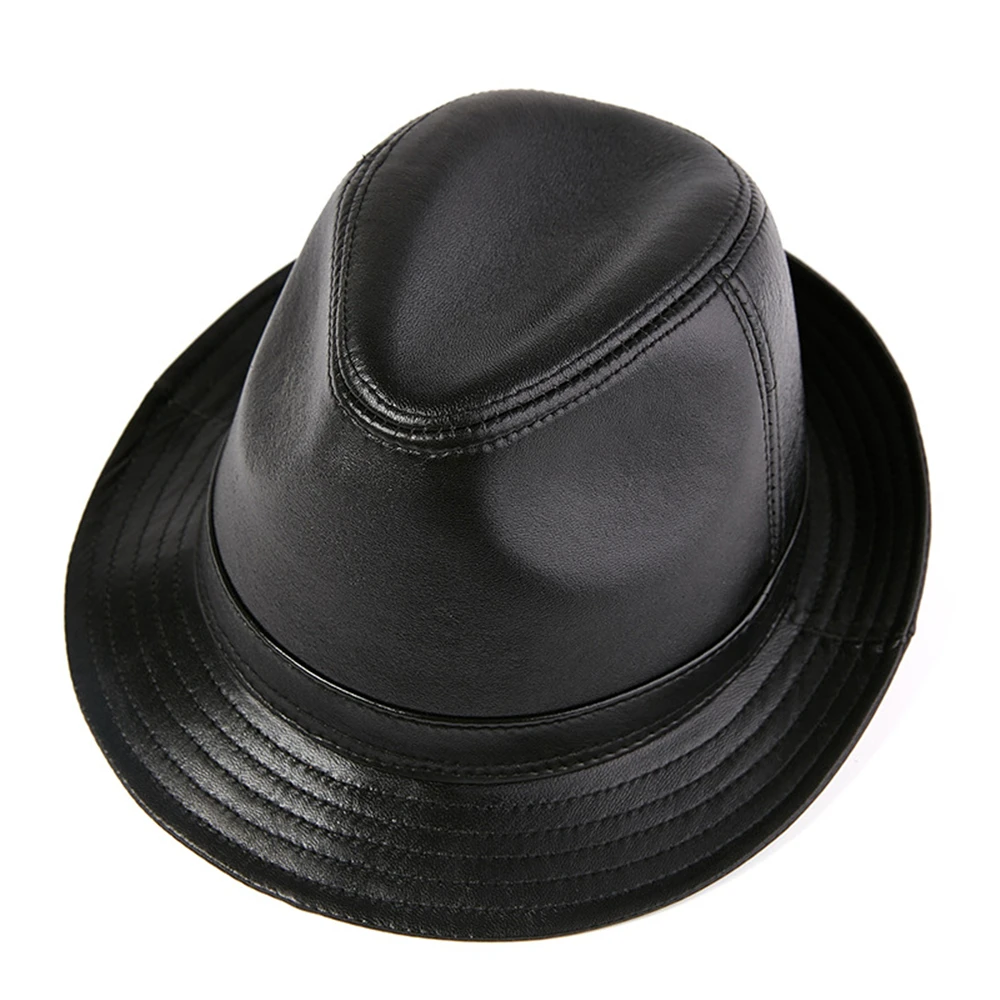 LA SPEZIA Men Fedora Hat Real Leather Sheepskin Dark Brown Jazz Hat Male Autumn Winter High Quality Men's Flat Top Cap