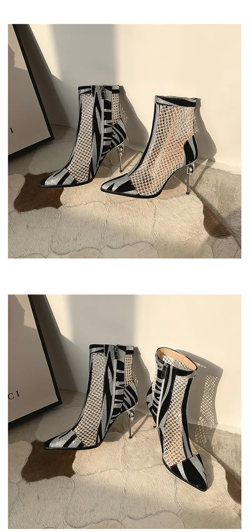 2020 Summer Zebra Print Ankle Boots For Woman Lace Mesh Hollow Cutout Lady Shoes Boots Rhinestones High Heel Sandals Big Size 50 (16)
