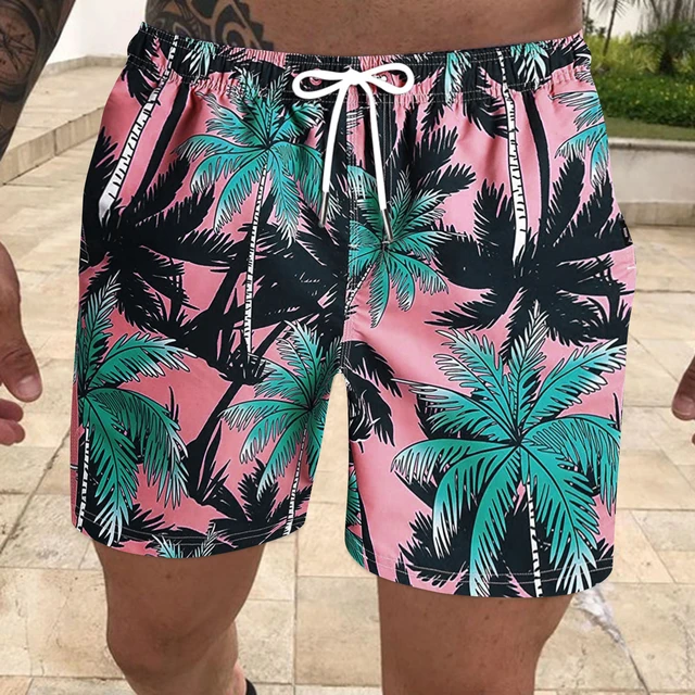 Men's Printed Swim Trunks - Palm Trees - Pink