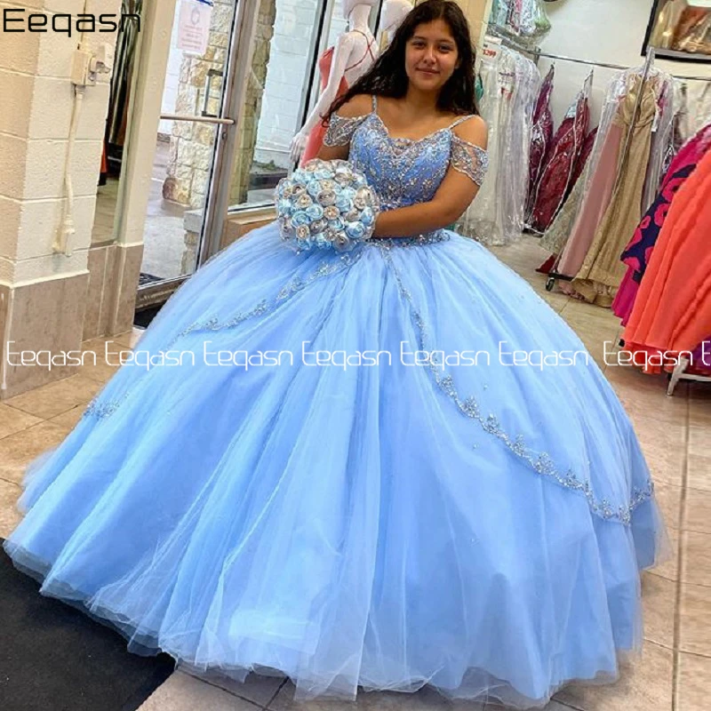 Светильник Eeqasn голубое милое платье 16 Quinceanera 2020 мексиканское бальное с бисером и
