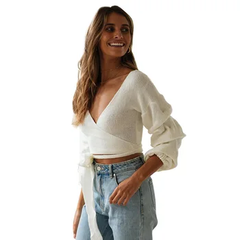 

Slim Women Long Sleeve Blouses Solid White Crop Top V Neck Sexy Cross Knot European Style Female Streetwear Pullovers Shirts