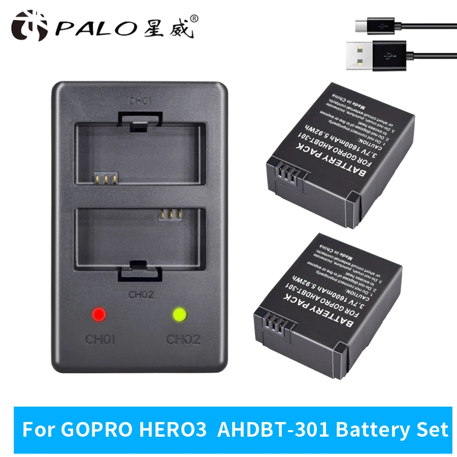 PALO 2 шт. 1600 мАч AHDBT 301 GoPro Hero3 аккумулятор + двойное зарядное устройство для Hero 3