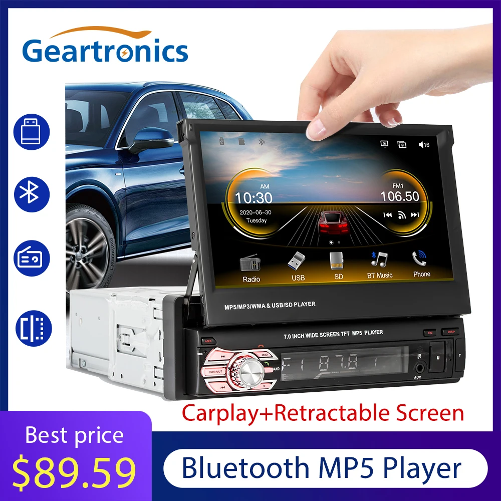 Car Radio 1DIN 7" HD Carplay Bluetooth Audio Stereo MP5 Auto Retractable Screen TF FM USB Auto