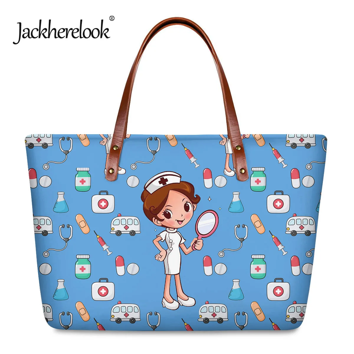 

Jackherelook Cute Cartoon Nurse Handle Bag Large Capacity Blue Tote Shoulder Bag for Lady Female Casual Handbag bolsa feminina