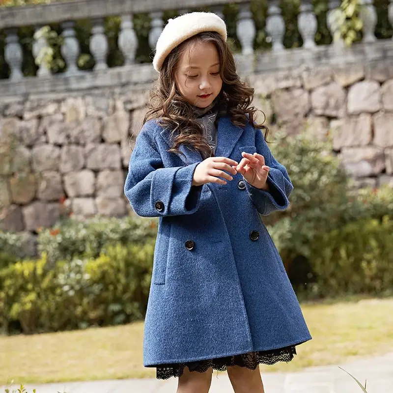 Коллекция года, осенне-зимнее шерстяное длинное пальто для девочек верхняя одежда для девочек-подростков, верхняя одежда детская плотная теплая куртка детское шерстяное пальто, K16 - Цвет: blue