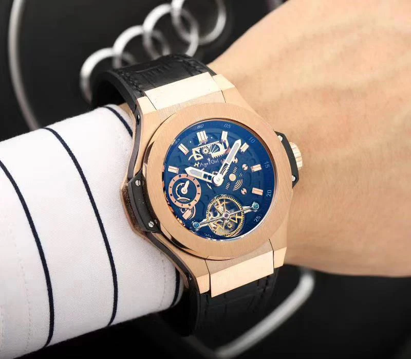 

Luxury Brand New Men Rose Gold Stainless Steel Black Leather Automatic Mechanical Sapphire Tourbillion Watch Transparent Black
