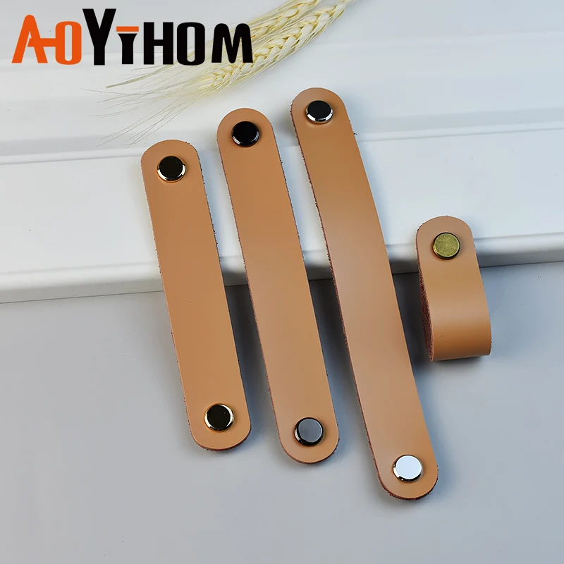 AOYIHOM Retro Style Khaki Kitchen Furniture Handle American Leather Drawer Dressing Table Knob Shoe Cupboards Wardrobe Door Pull furniture handles kitchen door handles