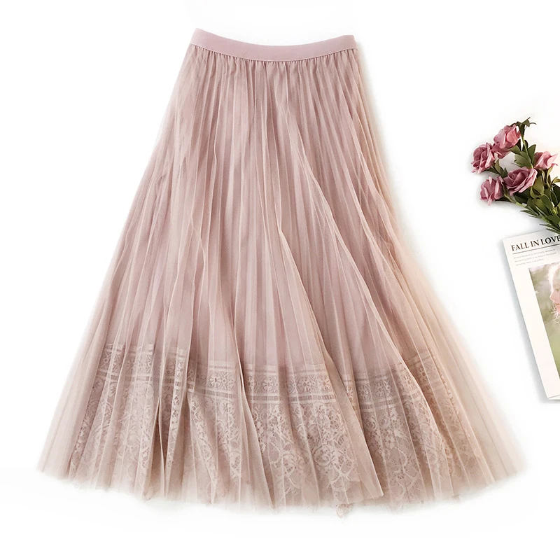 Elegant Women Skirts 2020 New Spring High Waist Slimming Long Pleated Skirt Floral Lace Patchwork Midi Skirt Saias Faldas Jupe
